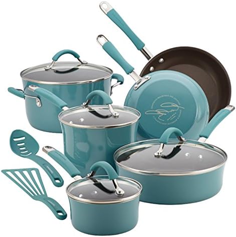 Food Network Cookware Set RACHAEL RAY Premium Nonstick Hard Porcelain Enamel Cookware 12 Piece, Agave Blue, Glass Lid