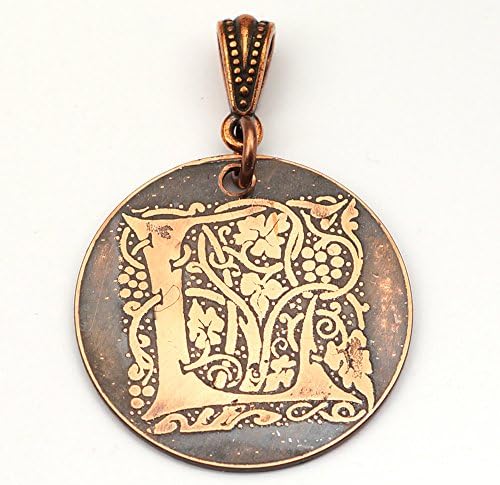 Etched copper letter L pendant, grapevines, round flat initial monogram floral etching, optional necklace, 28mm