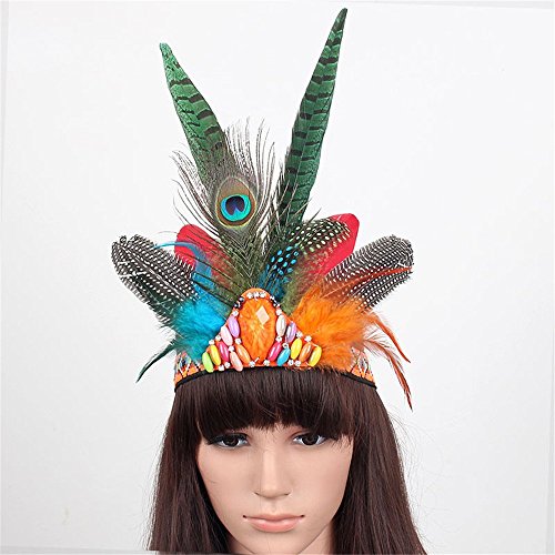 Indian Peacock Feather Hippie Headdress Feather Headpiece for Women Halloween Costume Carnival Fancy Party - Thumbnail 2