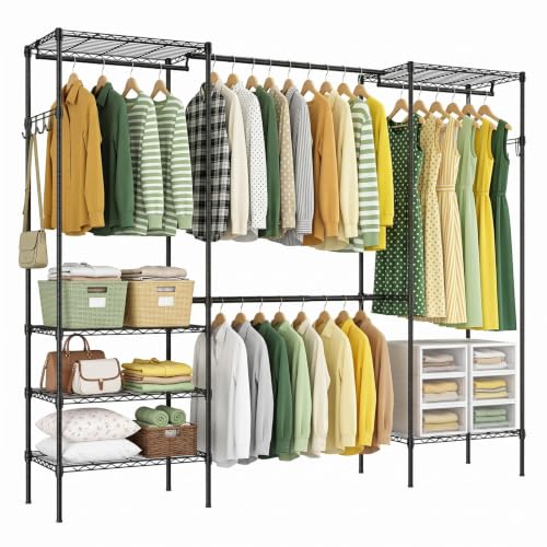 UEAKPIC Heavy Duty Garment Clothes Rack Wire Load-bearing 1000LBS-Black | Adjustable Freestanding Expandable Clothing Rack 4 Tier with 4 Hanging Rods, 15.7"Dx(70.9"-90.6")Wx76.8"H for Bedroom Laundry