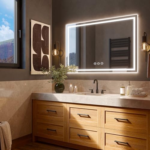 Badspiegel mit Beleuchtung LED, 100x70cm Spiegel mit Light, Wandspiegel mit Frontbeleuchtung, Antibeschlagfunktion, Dimmbar, mit 3 Einstellbaren Lichtfarben