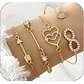 ZZ ZINFANDEL Boho Gold Bangle Bracelets Sets for Women,Heart Bow Bracelets Layered Stackable Open Cuff Wrap Bangles Adjustable Link Chain,Chunky Gold Bacelets