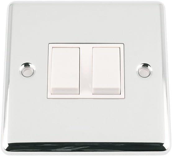 Light Switch 2 Gang - Polished Chrome - Classic - White Insert Plastic Switch - 10 Amp Double 2 Gang 2 Way
