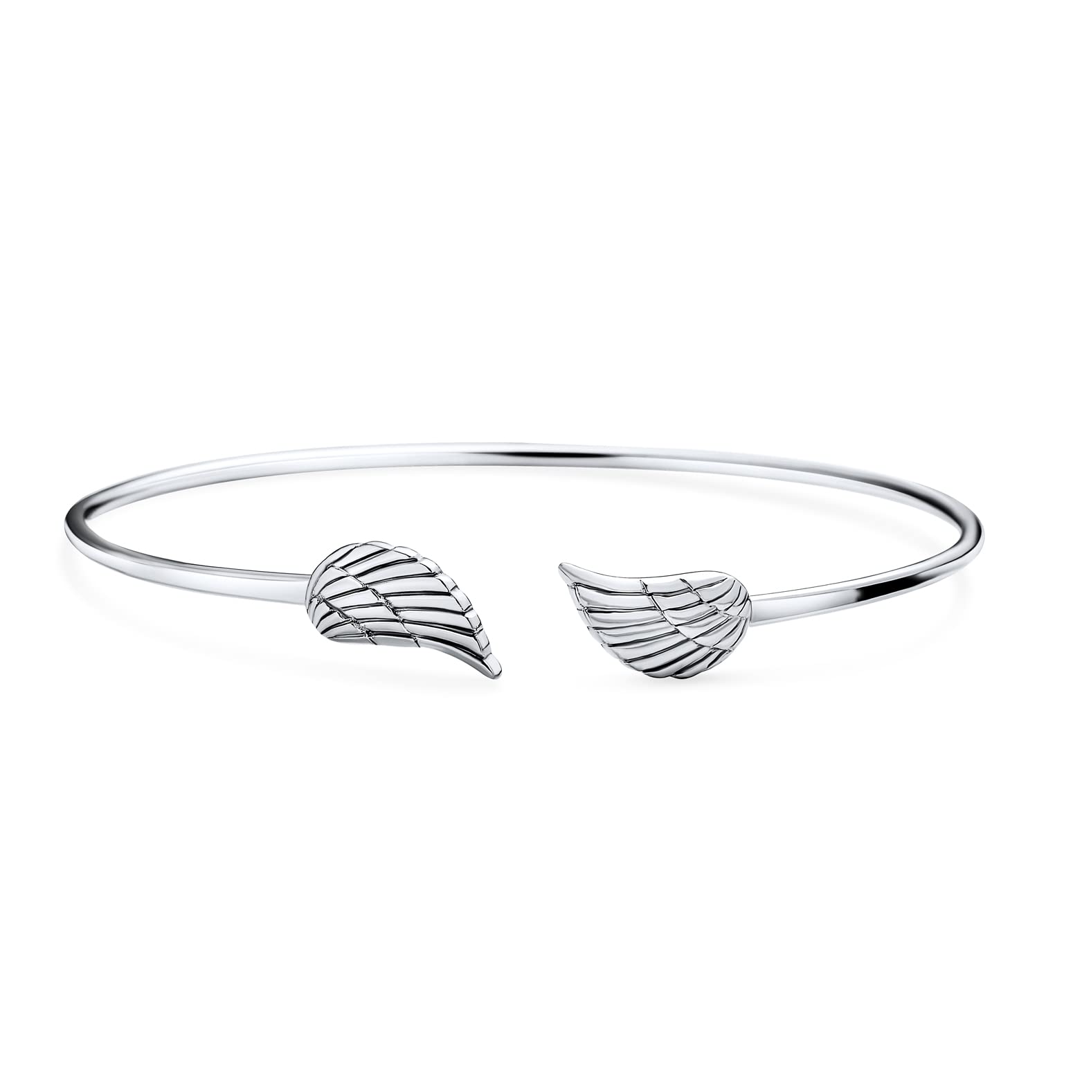 Bling Jewelry Dainty Religious Minimalist Thin Guardian Angel Wing Feather Bangle Cuff Bracelet For Women Teen .925 Sterling Silver
