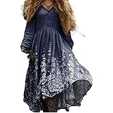 Women's Boho Long Sleeve V-Neck Maxi Dress, Floral Vintage Printed Loose Flowy Long Dress for Daily/Festival Wear