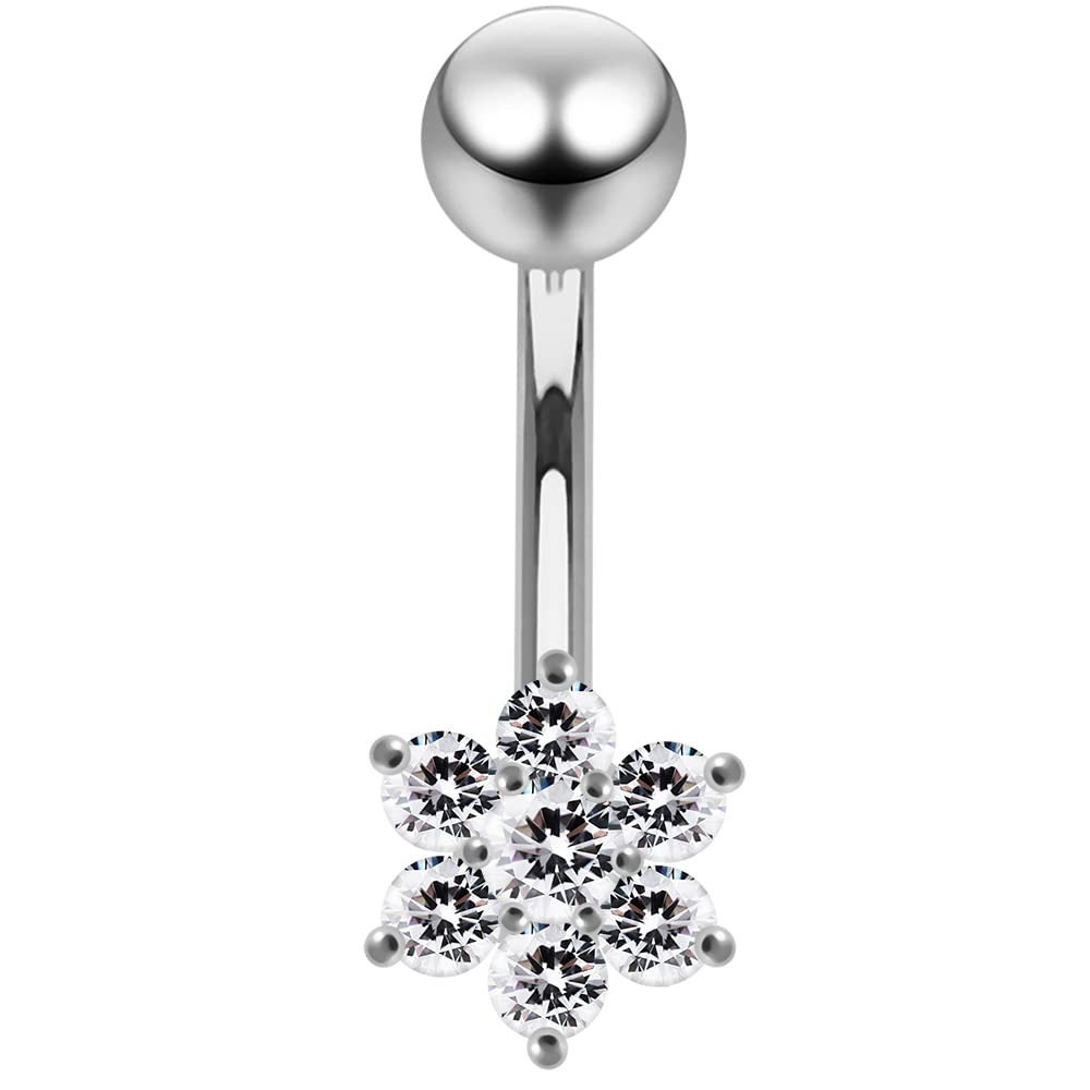 AZARIO LONDON White Crystal Stone Fancy Tiny Flower Sterling Silver Belly Bars Piercing
