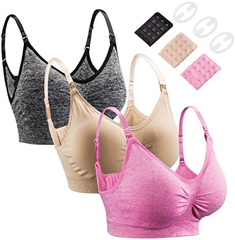 Perkisboby Women's 3 Pack Full Coverage Padded Seamless Wireless Maternity Feeding Nursing Bra (Grey &amp; Pink &amp; Beige - M)