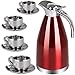 Thermal Carafe Plus Coffee Tea Mugs by Chefcoo™ Includes Pitcher, 4 Mugs Saucers and Spoons - Double Wall Pot Best for Hot and Cold Beverages - Holds Temperature for 24 Hours - Red Color