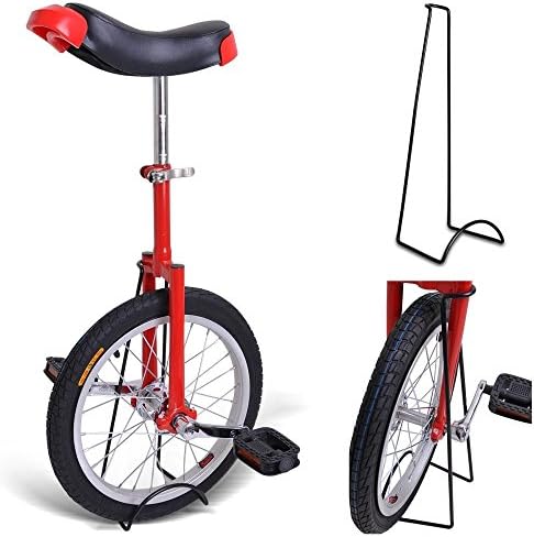 16" Inches Wheel Skid Proof Tread Pattern Unicycle W/ Stand Uni-Cycle Bike Cycling Red