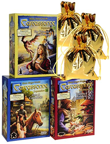 Carcassonne Expansions 1 & 2 & 3 Bundle Set _ No. 1 Inns & Cathedrals; No. 2 Traders & Builders; No. 3 Princess and the Dragon _ Bonus 3 Gold Metallic Cloth Drawstring Storages Pouches _ Bundled Items