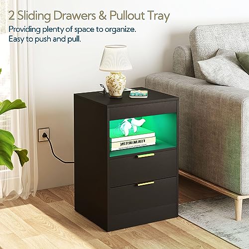 Yusong LED Nightstand Bedside Table with Charging Station 2 Drawers, Black Modern Sofa Couch End Side Table with LED Lights and Pull-Out Shelf for Bedroom Living Room, Wooden