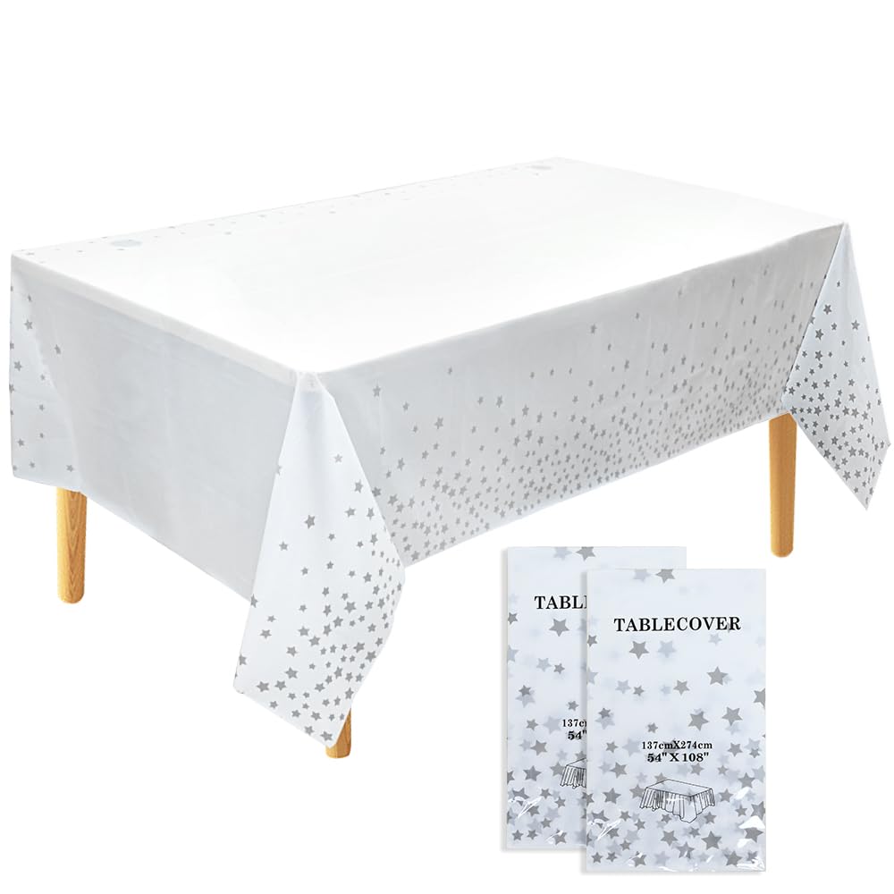 ADQUATOR 2pcs 137x274cm Silver Star White Plastic Tablecloth,Confetti Table Cover Rectangular Party Table Cover for Picnic, Baby Shower, Halloween, Christmas Decorations