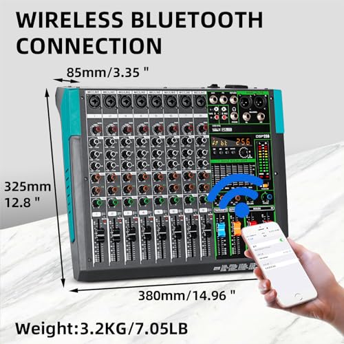 Depusheng PA8 Professional Audio Mixer Sound Card Console System Desk Interface 8 USB Bluetooth MP3 Input Computer Power Supply Phantom 48 V Reverb Effect 256 Integrated Black