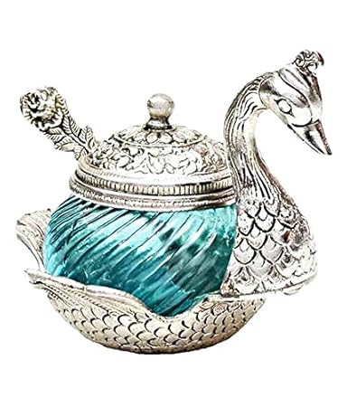 Prince Home Decor & Gifts Aluminum Blue Colored Glass Bowl Tray Set (11.5 x 11.5 x 11.5 cm, Silver)