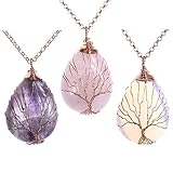 Top Plaza Wire Wrapped Tree of Life Natural Gemstone Teardrop Pendant Necklace Healing Crystal Chakra Jewelry for Women - Amethyst+Rose Quartz+Synthetic Opalite