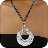 Douxsu Large Gold Hammered Hollow Round Disc Pendant Necklace for Women, Retro Long Black Leather Rope Silver Circle Necklace Trendy Costume Accessories Jewelry