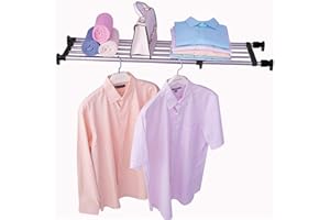 Hershii Expandable Closet Tension Shelf Rod Adjustable Metal Storage Rack Cabinet Organizer DIY Divider Separator Shelves for Wardrobe Cupboard Kitchen Bathroom, Black, 39.76-60.03inches