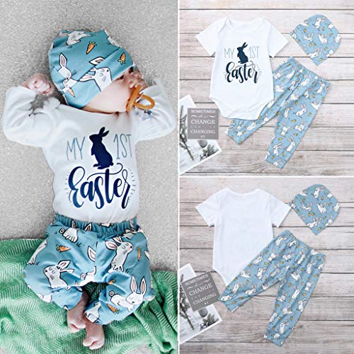iZHH Newborn Baby Girl Boy Cartoon First Easter Cute Bunny Outfits Romper Hat Pants Set White - Thumbnail 3