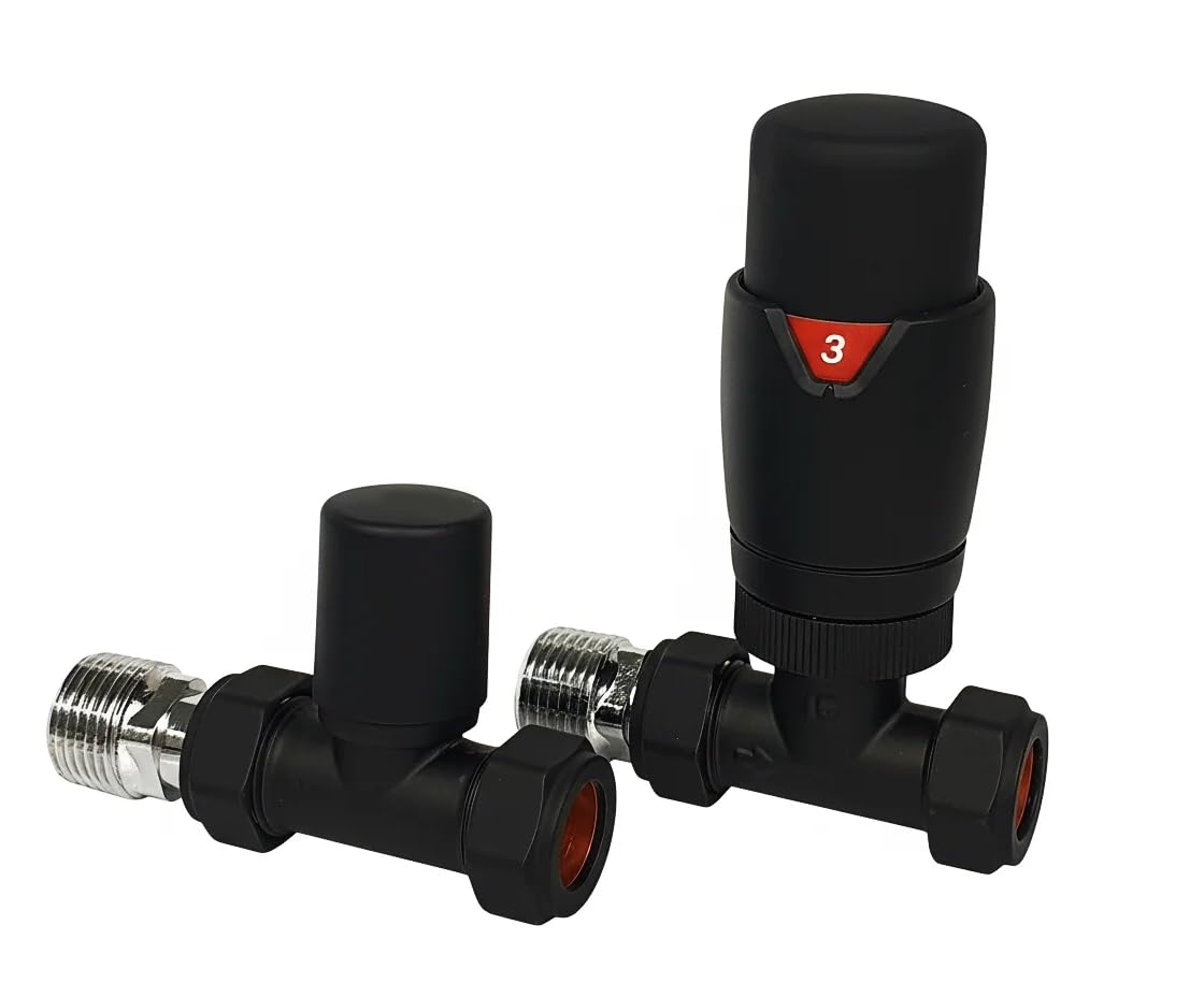 Greened House Oslo Black Straight Designer TRV Thermostatic Radiator & Towel Rail Valve Oslo Straight Black TRV and Lock Shield Valve Set 1/2" - 15mm