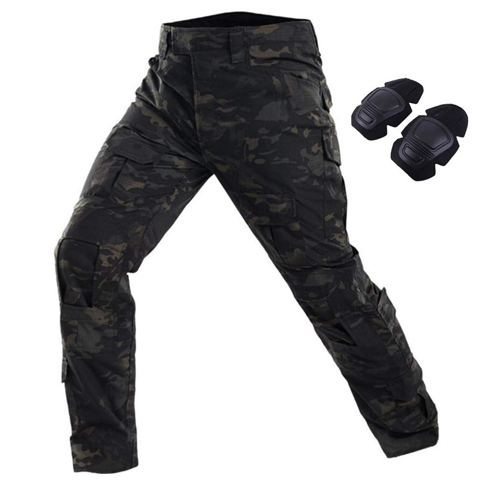 Men's Tactical Combat Trousers with Knee Pads, Ripstop Multi-Pocket Airsoft Paintball Pants for Outdoor Hiking Hunting, Durable Cargo Work Trousers (UK, Alpha, M, Regular, Regular, Multi-camo Black)