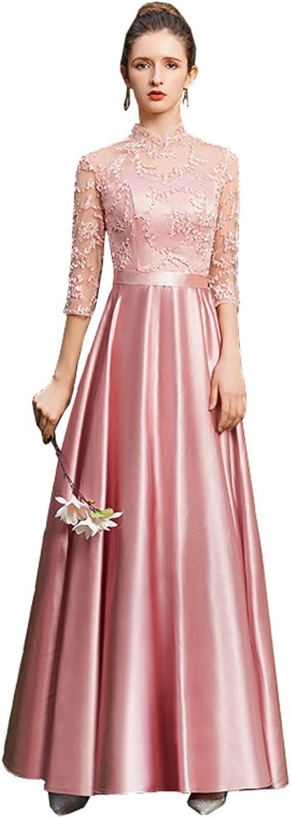 Amazon ブライズメイドドレス 二次会 ドレス 呼ばれドレス ピンク ロングドレス 母親 袖付き パーティードレス 大人 エンパイア フォーマルワンピース Vネック Aライン ハイネック 締め上げタイプ 結婚式ワンピース イブニングドレス 通販