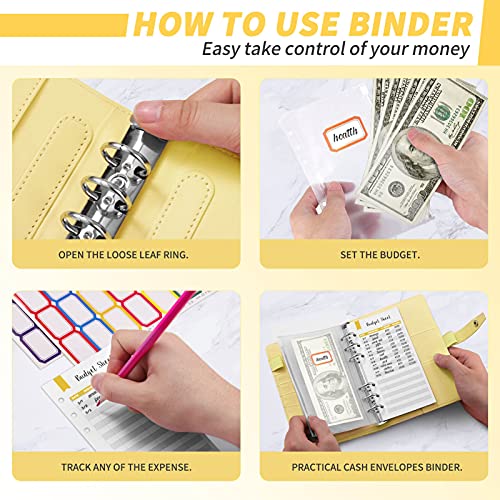 Classeur A6 en PU Cuir, TAOPE Housse de Cahier 6 Anneaux Remplissable avec 12 Pochettes Transparentes à Fermeture Éclair Pour La Budgétisation De L\'argent Enveloppes Économiser Organisateur - Jaune