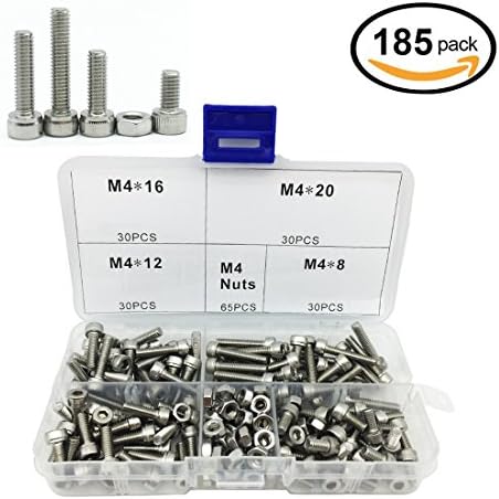 185pcs M4 Stainless Steel Hex Socket Head Cap Screws Bolts Nuts Assortment Kit with Handy Case (M4,304 Stainless Steel Sockets)