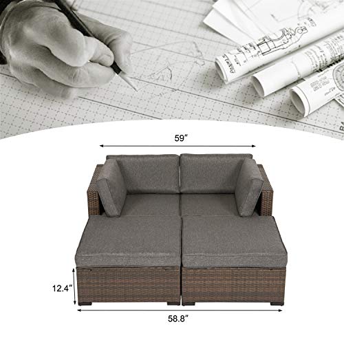 Kinsunny 4 PCs Outdoor Furniture Wicker Sectional Sofa Set with Ottoman Patio Rattan Conversation Chair Sets