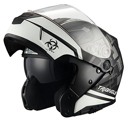 Traiangle Motorcycle Helmets Modular Dual Visor Flip Up (Medium, Matte Black/White)
