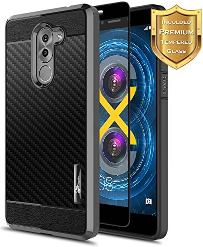 Honor 6X Case with [Full Cover Tempered Glass Screen Protector], NageBee [Frost Clear] [Carbon Fiber] Slim Soft Cover Case for Huawei Honor 6X (Black)