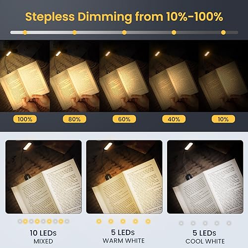 TEAMPD 10 LED Reading Light, 3 Bright Colors Eye Protection, Adjustable Brightness, USB Rechargeable, 12H Battery Life, Flexible Clip for Reading, Painting, Travel