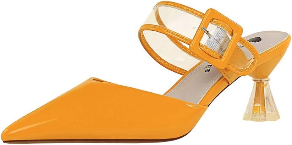 Amazon Sejuc ストラップパンプス ミュール レディース ハイヒール ポインテッドトゥ 太ヒール Vカット 通勤 フォーマル 仕事 疲れにくい 歩きやすい 美脚 エナメル サンダル 大きいサイズ とんがり バックル 6cmヒール 履きやすい スリッパ Sejuc ファッション