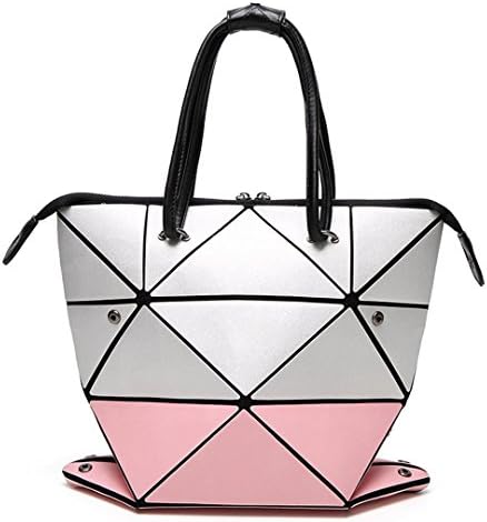 Women Baobao Geometry Sequins Mirror Saser Plain Folding Bags Changeable Handbag Casual Tote Bao Bucket Bag Powder with silver 33.5X35CM