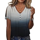 domirica Boho Blouses for Women 2024 Gradient Marble Print Short Sleeve V Neck Cold Shoulder Tops Casual Loose Tunic Tops