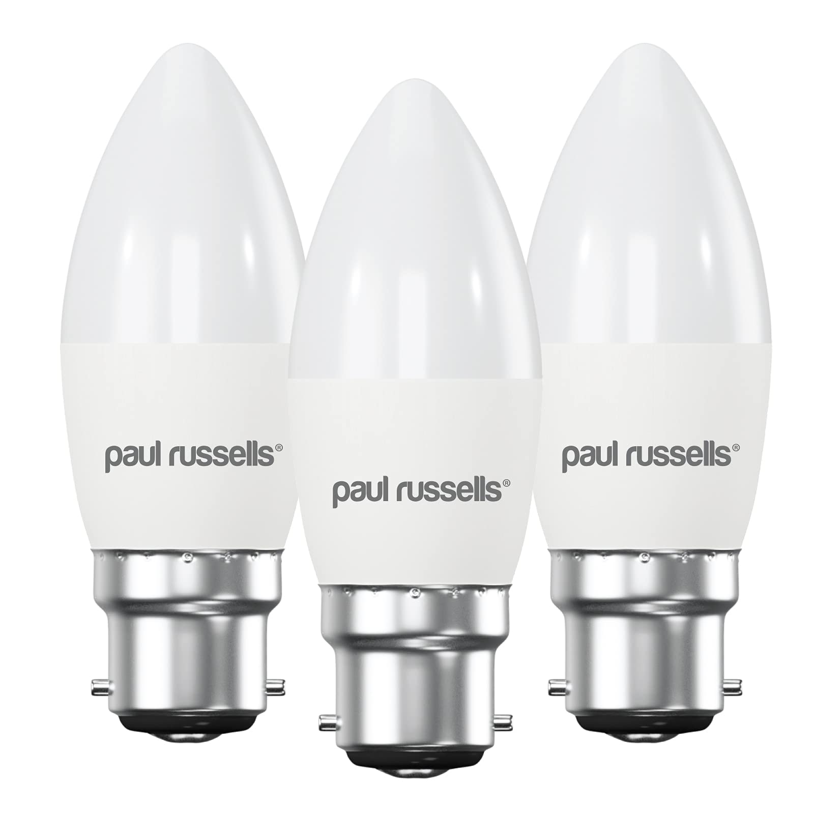 paul russells LED Light Bayonet Cap B22, 40w Equivalent Bulbs, 4.9W 470LM LED Bulbs, 6500K Daylight Lamps, Frosted C37 BC Candle Energy Saving Light Bulbs Pack of 3