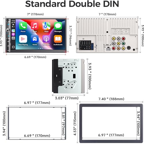 Kissound Double Din Car Stereo with 7" HD Touchscreen, Wireless Apple Carplay & Android Auto, Bluetooth, 240W, SWC, Subwoofer Output, Mirror Link, FM/AM Car Radio Receiver, Backup Camera