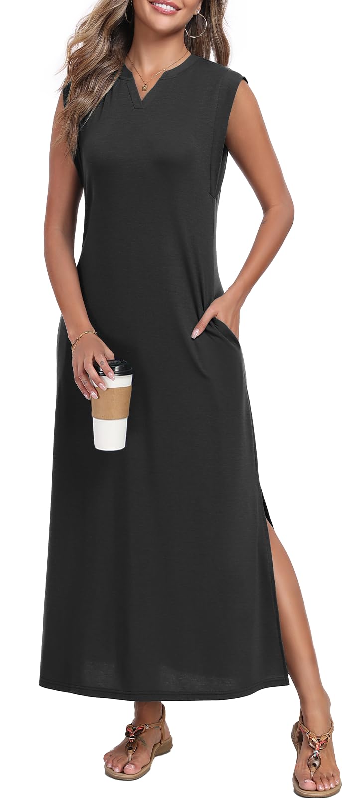 Photo 1 of *Minor Damaged - Check clerk notes*
lionstill Women's Summer Slit Maxi Dress Casual Cap Sleeve V Neck Loose Fit Beach Long Sundress with Pockets, Black 3XL