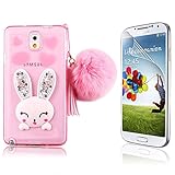 Samsung Galaxy Note 3 Rabbit Case Cover Cute, Bonice Cartoon Rabbit Bling Diamond Crystal Soft TPU Cute Ear Stand Silicone Case with Hairball Pompon Wristlet + HD Screen Protector, Pink