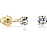 14k Yellow Gold Solitaire Round Cubic Zirconia Stud Earrings in Secure Screw-backs