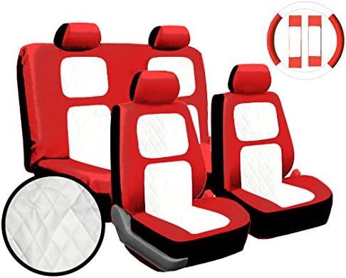 Premium 13 Piece Luxury Red &amp; White Diamond Stitching Universal Faux Leather Car Seat Cover Set w/ Steering Wheel &amp; Seat Belt Pads