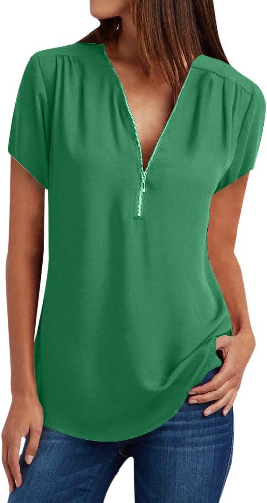 KOZIEE Blouses and Tops for Women Women's Sexy Casual Loose Short Sleeve Tops Blouse Jumper T-Shirt Womens Casual Tops Shirt Ladies V Neck Zipper Loose T-Shirt Blouse Tee Top