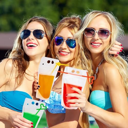 YUTVXAC 200 Piezas bolsas para bebidas con popote,Bolsas de Zumo Transparentes Reutilizables,con 200 pajitas y Embudo,Adecuado para almacenar jugos,batidos,bebidas calientes y bebidas frías.