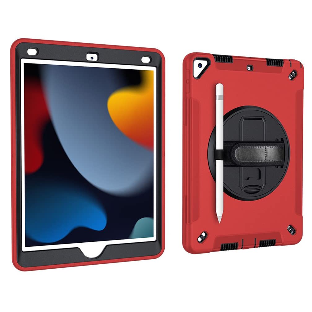 Case for iPad 10.2 Inch 9th/8th/7th gen 2021/2020/2019 with 3-in-1 design, Minimalist shockproof case with pen hanging and 360 degree rotatable stand wrist strap, Big Red