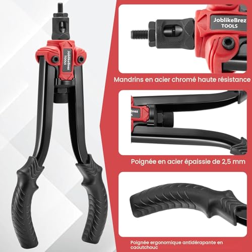 Professional Threaded Insert Pliers 33 cm – Kit with 200 Crimp Nuts in Box in Heavy Duty Case, 6 M3-M10 Chucks, Quick Change, Ideal for Metal and DIY