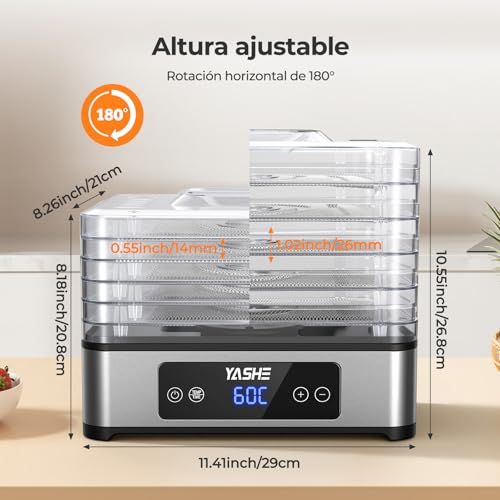 YASHE Food Dehydrator, 5 Stainless Steel Trays, Adjustable Timer and Temperature, 360° Air Flow, BPA Free, 400W Dehydrator for Dried Meat, Fruits, Herbs, Snacks