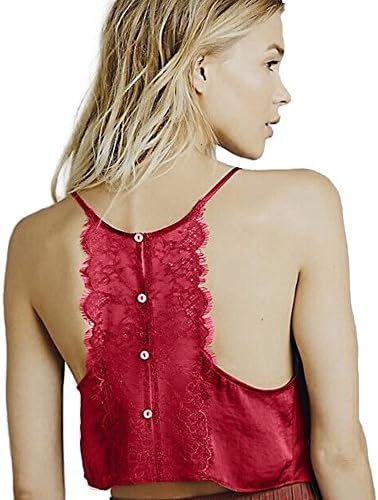 KPshop Women Shirt, Women Lace Button Strappy Short Sleeveless Mini Blouse Sleepwear Top Tank (S, Red)