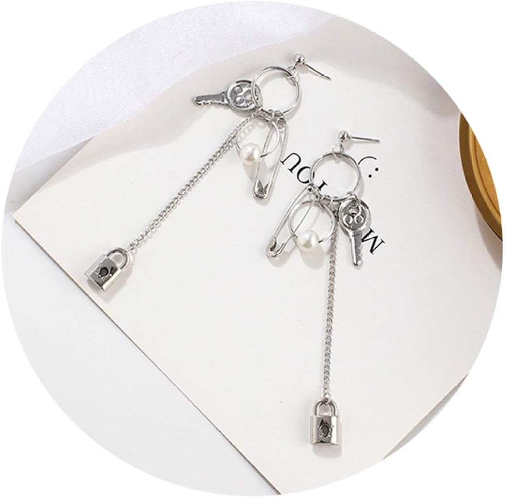 Fashion Key Lock Long Chain Earring Exquisite Asymmetric Geometry Pendant Metal Tassel Drop Earrings