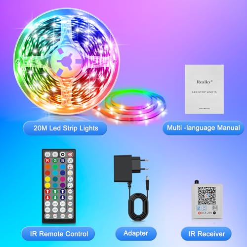Realky LED Strip, 20 m RGB Bedroom Lights, Bluetooth APP Controlled Multicolour LED Strips, Fancy Led Strip LED Music Synchronises for Decorating Stairs, Parties, Kitchen Home, Gaming Room