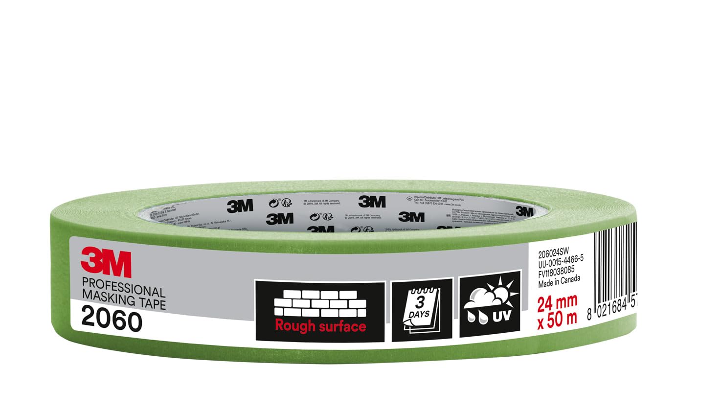 3M Professional Masking Tape 2060, Rough Surfaces, Green - 1 Roll 24 mm x 50 m - Painting Tape for Indoor and Outdoor Use, Protects Surfaces and Removes Easily