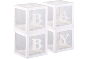 4Pcs White Clear Baby Boxes for Party Decoration, Baby Shower Decotations Transparent Ballon Boxes Backdrop with Baby Letters